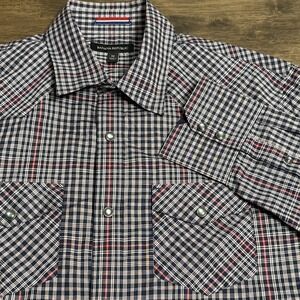 Banana Republic Shirt Men's Medium Blue Red Plaid Pearl Snap Western Rockabilly
